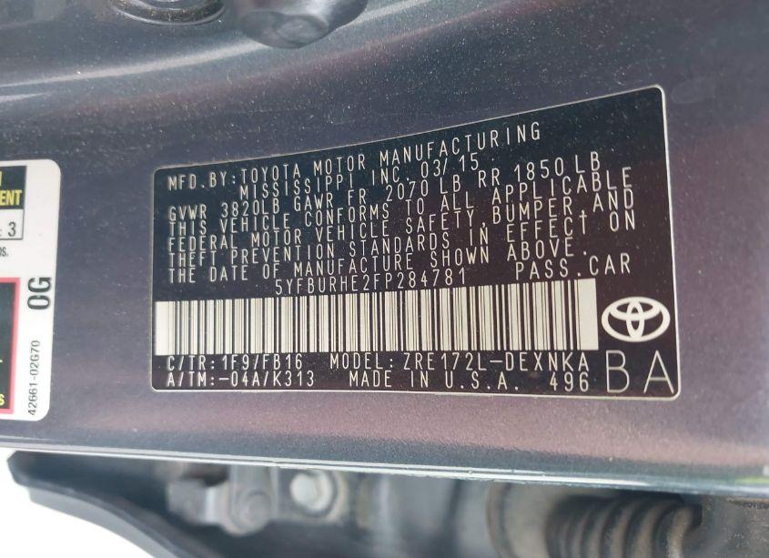 Photo 9 of 2015 Toyota Corolla LE (VIN 5YFBURHE2FP284781)