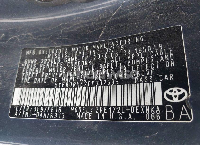 Photo 9 of 2015 Toyota Corolla LE (VIN 5YFBURHE2FP332585)