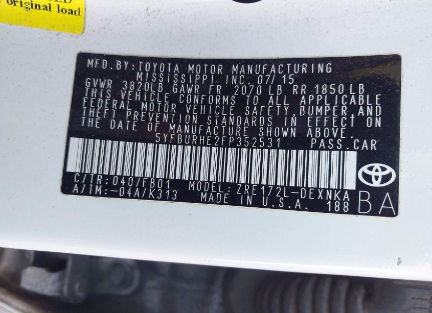 Photo 9 of 2015 Toyota Corolla LE PLUS (VIN 5YFBURHE2FP352531)