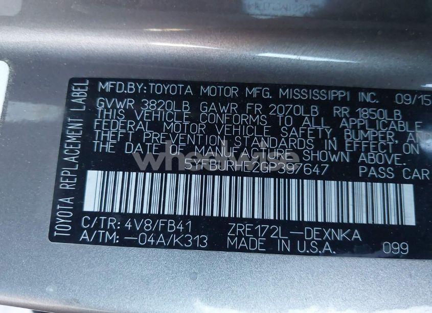 Photo 9 of 2016 Toyota Corolla LE (VIN 5YFBURHE2GP397647)