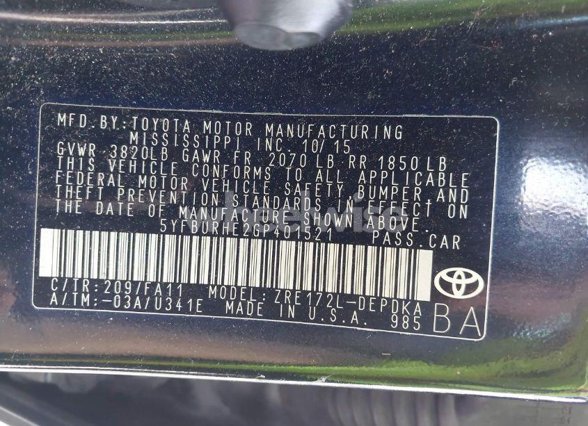 Photo 9 of 2016 Toyota Corolla L (VIN 5YFBURHE2GP401521)