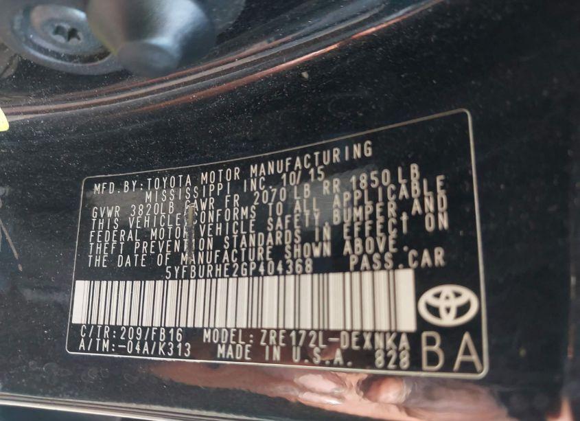 Photo 9 of 2016 Toyota Corolla LE (VIN 5YFBURHE2GP404368)