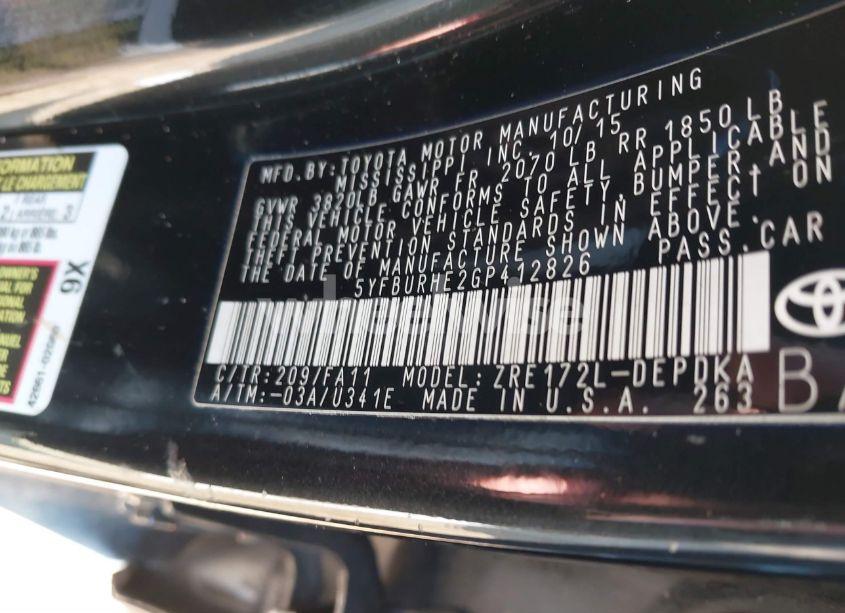 Photo 9 of 2016 Toyota Corolla L (VIN 5YFBURHE2GP412826)