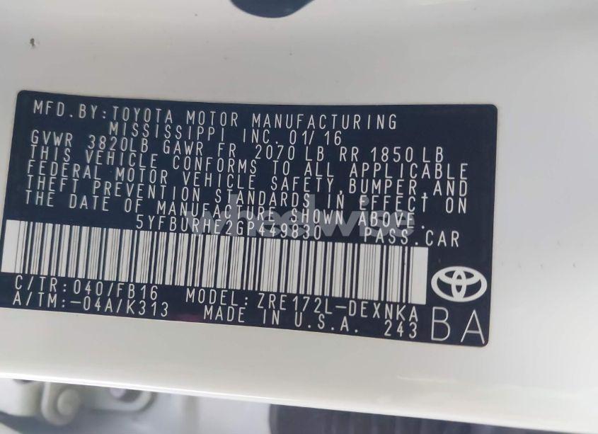 Photo 9 of 2016 Toyota Corolla LE (VIN 5YFBURHE2GP449830)