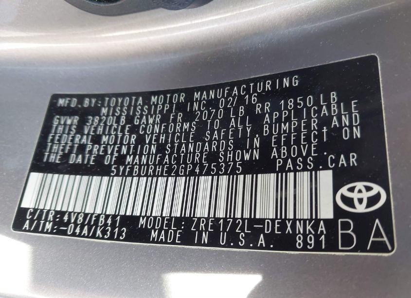 Photo 9 of 2016 Toyota Corolla LE (VIN 5YFBURHE2GP475375)