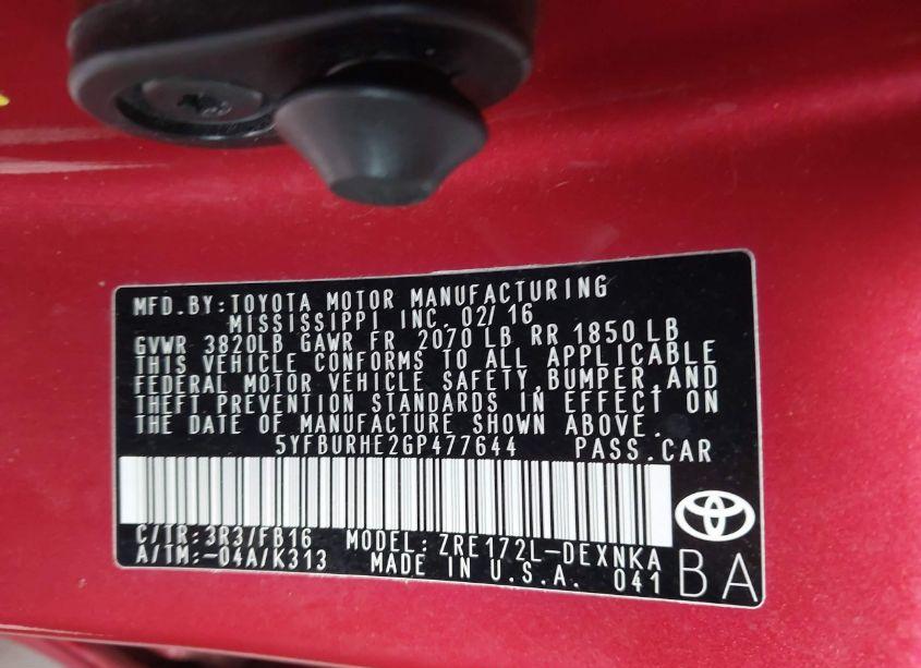 Photo 9 of 2016 Toyota Corolla LE (VIN 5YFBURHE2GP477644)
