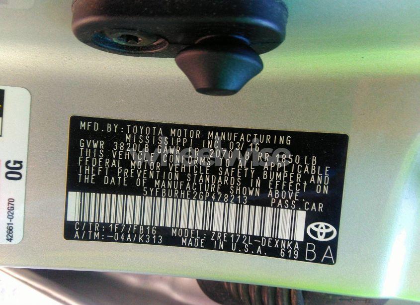 Photo 9 of 2016 Toyota Corolla LE (VIN 5YFBURHE2GP478213)