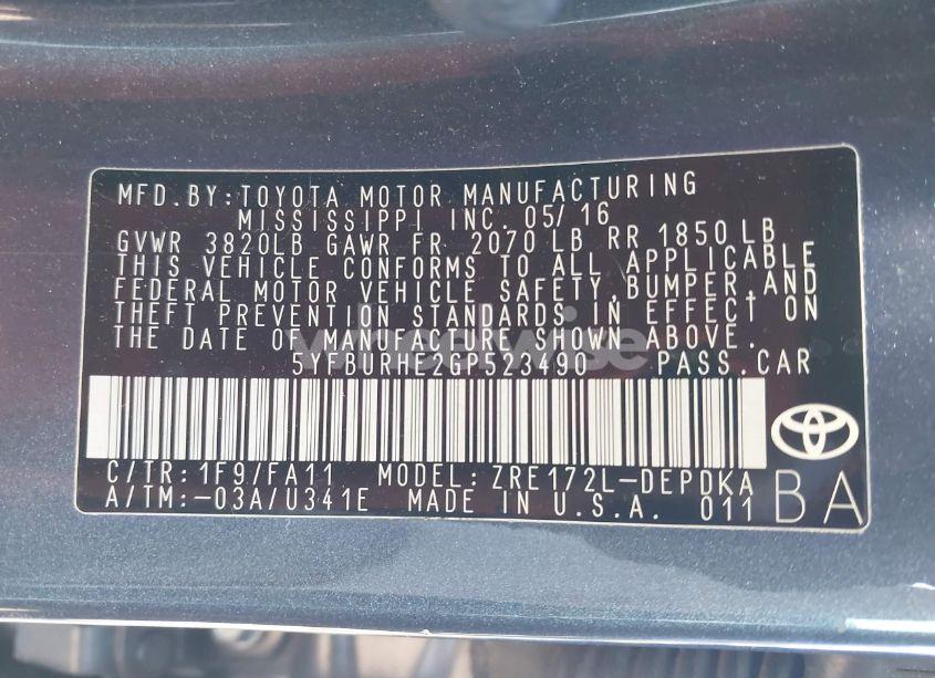 Photo 9 of 2016 Toyota Corolla L (VIN 5YFBURHE2GP523490)