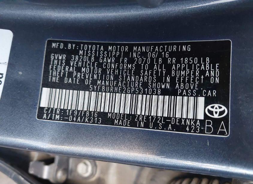 Photo 9 of 2016 Toyota Corolla LE (VIN 5YFBURHE2GP531038)