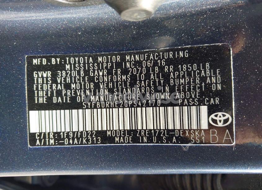 Photo 9 of 2016 Toyota Corolla S PLUS (VIN 5YFBURHE2GP542170)
