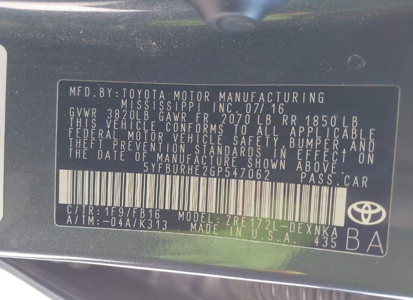 Photo 9 of 2016 Toyota Corolla LE (VIN 5YFBURHE2GP547062)