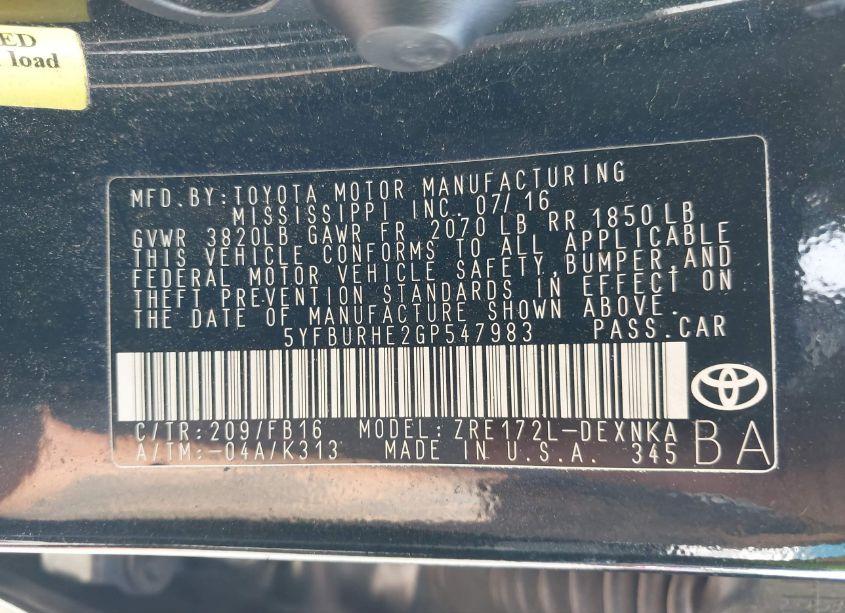 Photo 9 of 2016 Toyota Corolla LE PLUS (VIN 5YFBURHE2GP547983)