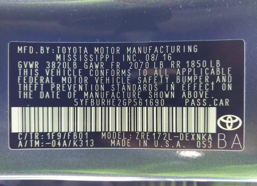 Photo 9 of 2016 Toyota Corolla LE (VIN 5YFBURHE2GP561690)