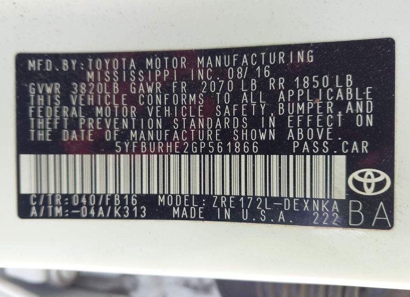 Photo 9 of 2016 Toyota Corolla LE (VIN 5YFBURHE2GP561866)