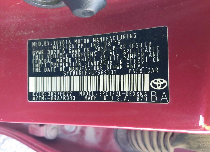 Photo 9 of 2016 Toyota Corolla L/LE/LE PLS/PRM/S/S PLS (VIN 5YFBURHE2GP562502)