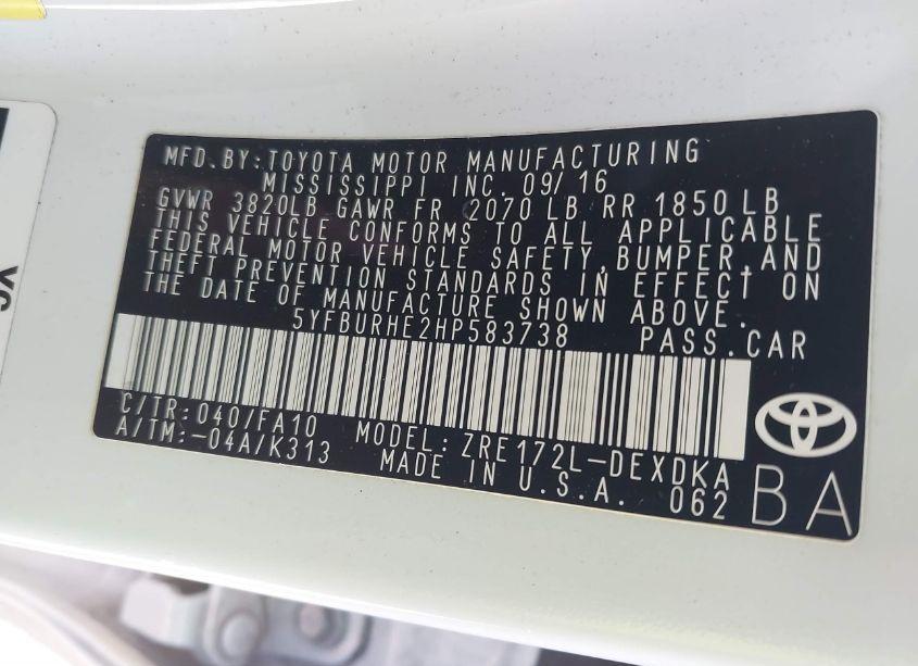 Photo 9 of 2017 Toyota Corolla L (VIN 5YFBURHE2HP583738)