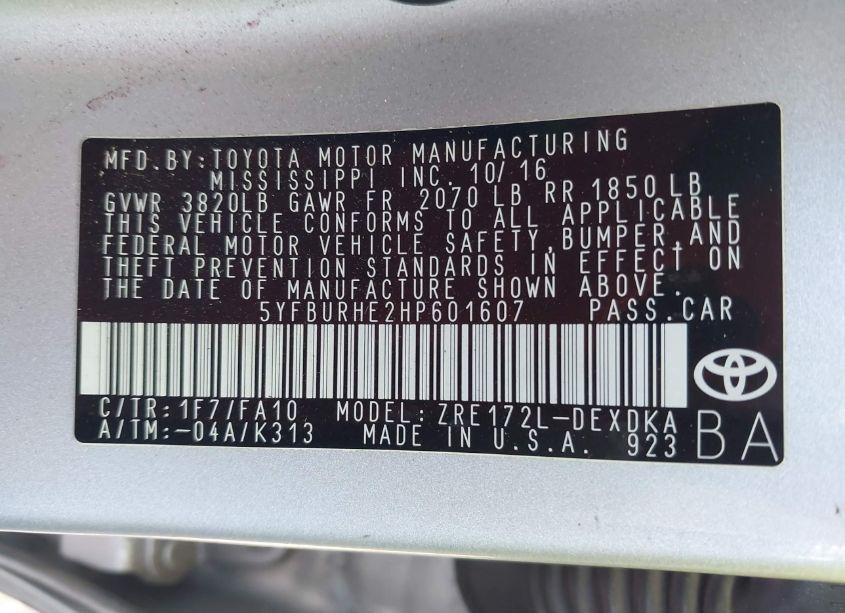 Photo 9 of 2017 Toyota Corolla L (VIN 5YFBURHE2HP601607)