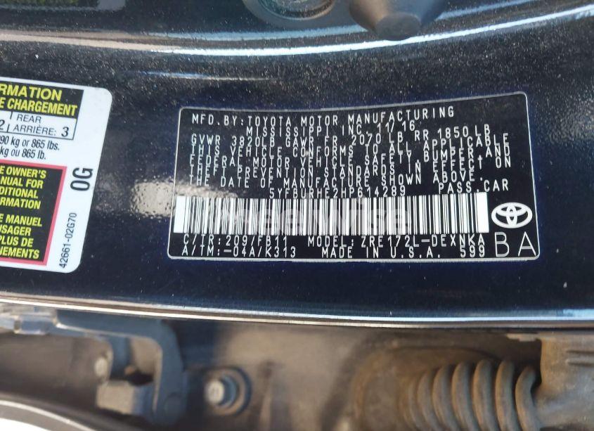 Photo 9 of 2017 Toyota Corolla LE (VIN 5YFBURHE2HP614289)