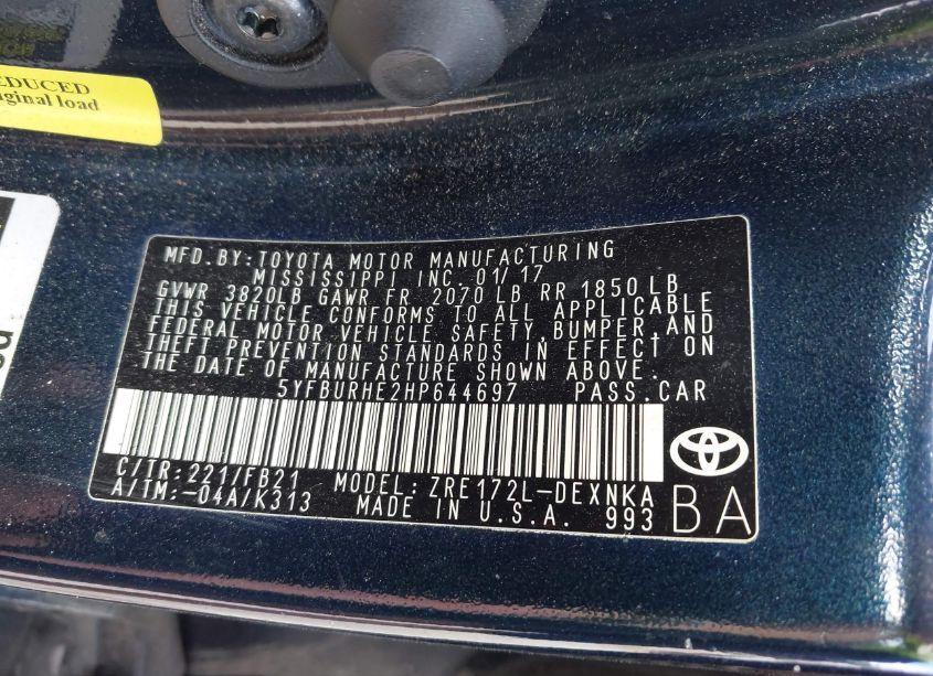 Photo 9 of 2017 Toyota Corolla LE (VIN 5YFBURHE2HP644697)