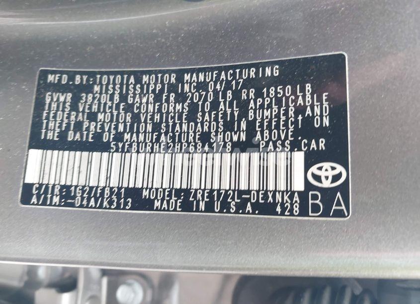 Photo 9 of 2017 Toyota Corolla LE (VIN 5YFBURHE2HP684178)