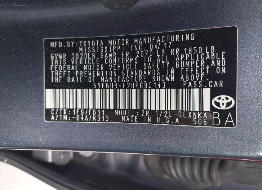 Photo 9 of 2017 Toyota Corolla LE (VIN 5YFBURHE2HP690143)