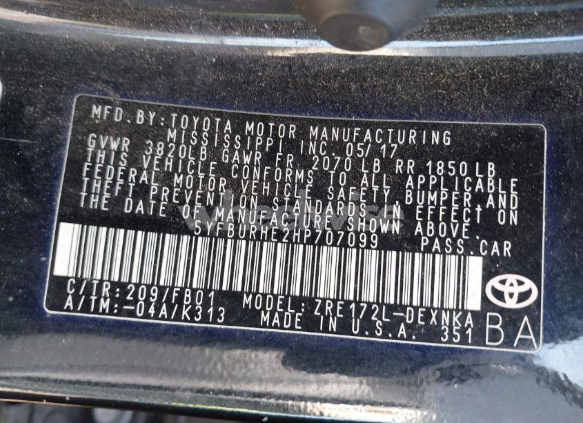 Photo 9 of 2017 Toyota Corolla LE (VIN 5YFBURHE2HP707099)