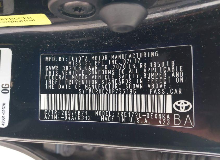 Photo 9 of 2017 Toyota Corolla LE (VIN 5YFBURHE2HP725196)