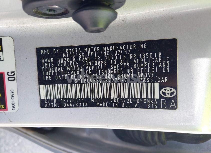 Photo 9 of 2017 Toyota Corolla LE (VIN 5YFBURHE2HP727577)
