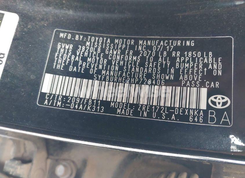 Photo 9 of 2017 Toyota Corolla LE (VIN 5YFBURHE2HP728406)