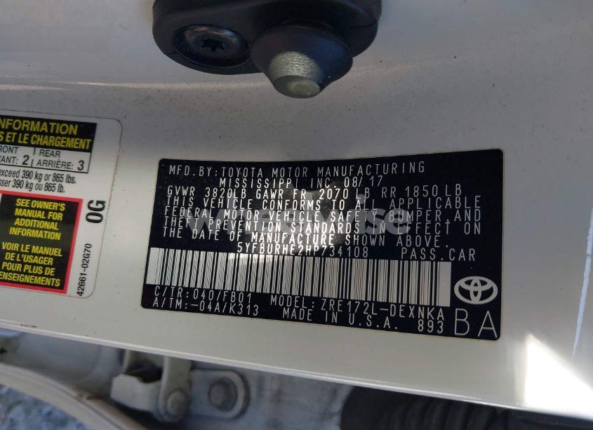 Photo 9 of 2017 Toyota Corolla LE (VIN 5YFBURHE2HP734108)