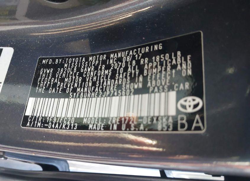 Photo 9 of 2018 Toyota Corolla SE (VIN 5YFBURHE2JP745602)