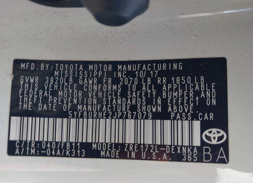 Photo 9 of 2018 Toyota Corolla LE (VIN 5YFBURHE2JP767079)