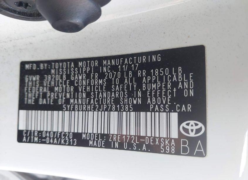 Photo 9 of 2018 Toyota Corolla SE (VIN 5YFBURHE2JP781385)