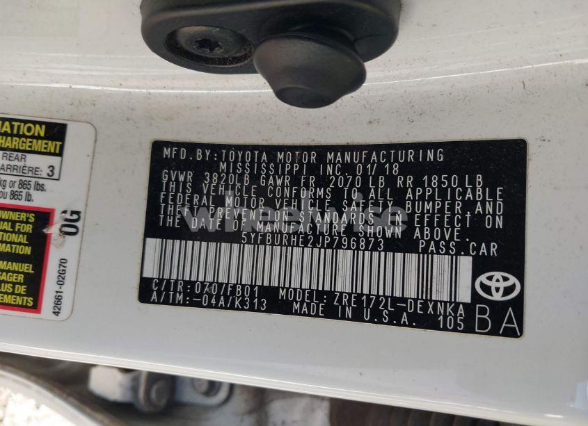 Photo 9 of 2018 Toyota Corolla LE (VIN 5YFBURHE2JP796873)