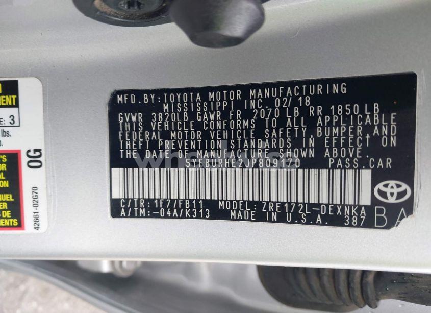 Photo 9 of 2018 Toyota Corolla LE (VIN 5YFBURHE2JP809170)