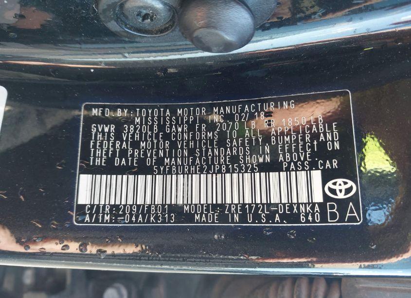 Photo 9 of 2018 Toyota Corolla LE (VIN 5YFBURHE2JP815325)