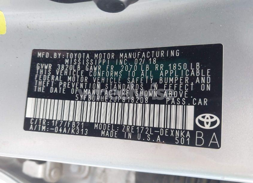 Photo 9 of 2018 Toyota Corolla LE (VIN 5YFBURHE2JP818208)