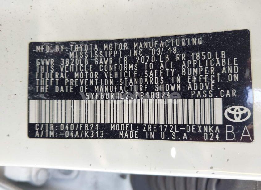 Photo 9 of 2018 Toyota Corolla LE (VIN 5YFBURHE2JP818824)