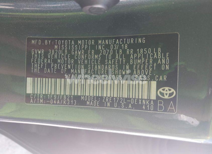 Photo 9 of 2018 Toyota Corolla LE (VIN 5YFBURHE2JP826065)