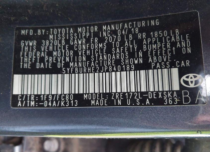 Photo 9 of 2018 Toyota Corolla L/LE/XLE/SE/XSE (VIN 5YFBURHE2JP840189)