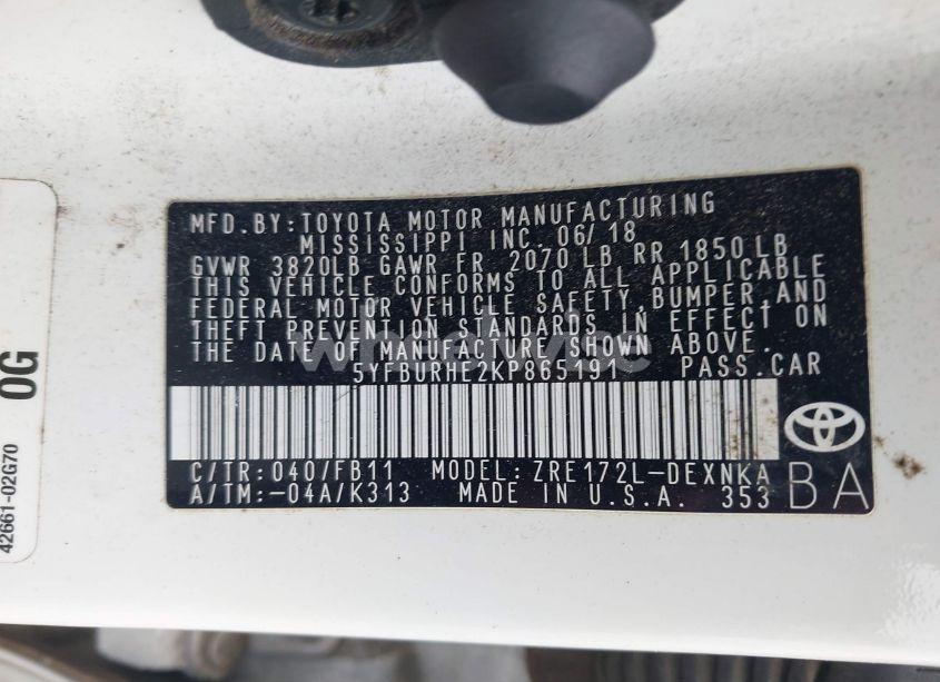 Photo 9 of 2019 Toyota Corolla LE (VIN 5YFBURHE2KP865191)