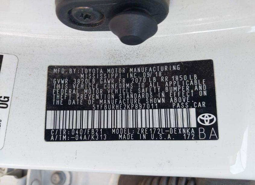 Photo 9 of 2019 Toyota Corolla LE (VIN 5YFBURHE2KP897011)