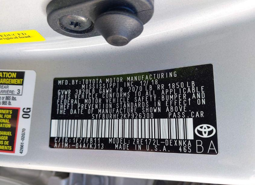 Photo 9 of 2019 Toyota Corolla LE (VIN 5YFBURHE2KP926300)