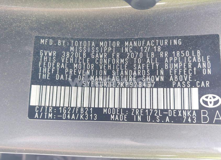 Photo 9 of 2019 Toyota Corolla LE (VIN 5YFBURHE2KP928497)