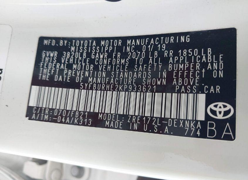 Photo 9 of 2019 Toyota Corolla LE (VIN 5YFBURHE2KP933621)