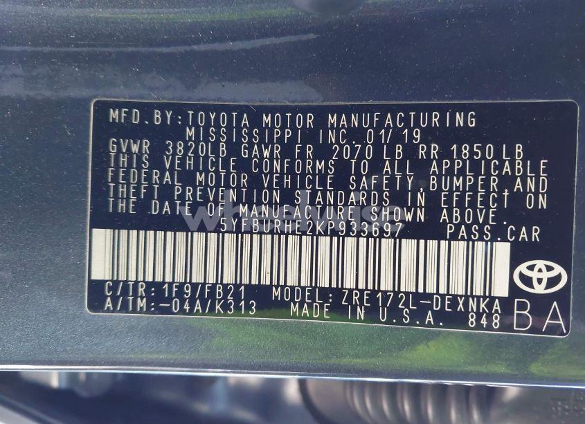 Photo 9 of 2019 Toyota Corolla LE (VIN 5YFBURHE2KP933697)