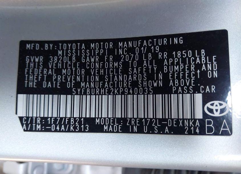 Photo 9 of 2019 Toyota Corolla LE (VIN 5YFBURHE2KP940035)