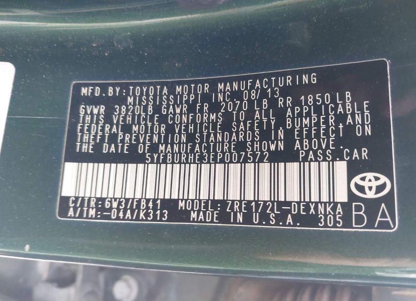 Photo 9 of 2014 Toyota Corolla LE PLUS (VIN 5YFBURHE3EP007572)