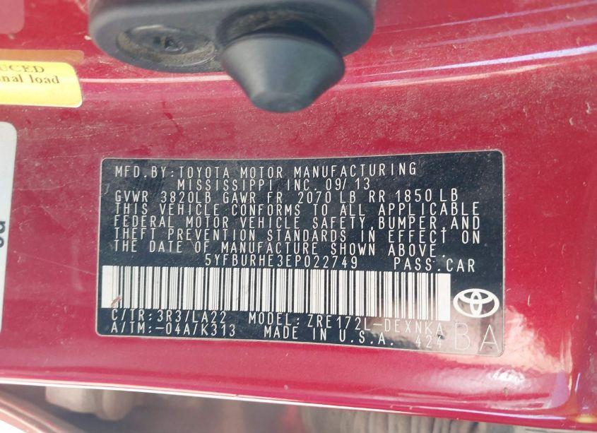 Photo 9 of 2014 Toyota Corolla L/LE/LE PLS/PRM/S/S PLS (VIN 5YFBURHE3EP022749)