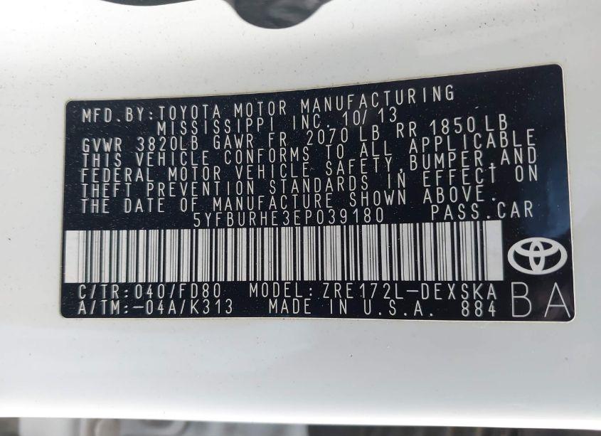 Photo 9 of 2014 Toyota Corolla S PLUS (VIN 5YFBURHE3EP039180)